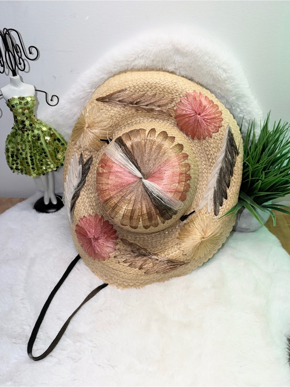 Straw Sun Hat with Pink & Brown Embroidered Flowers 💐